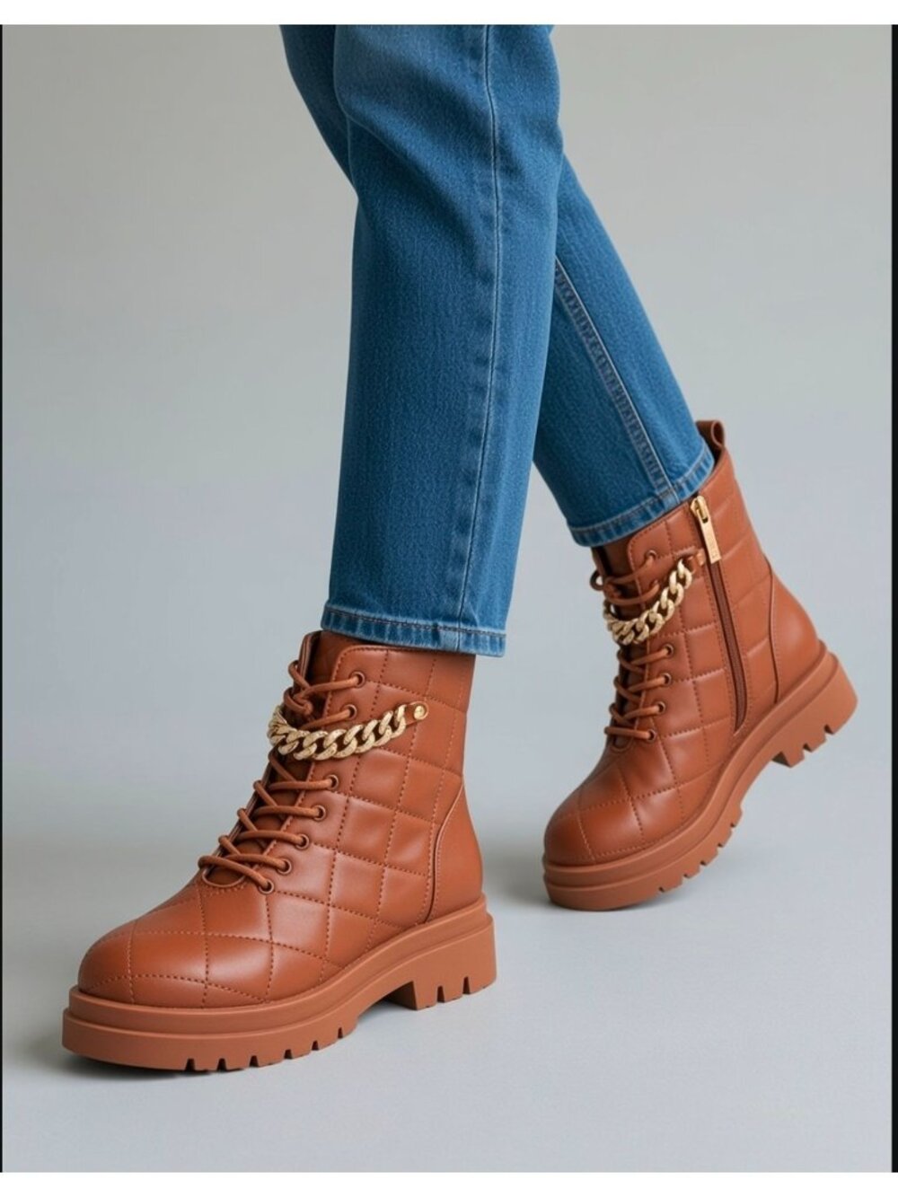 Brown Quilted Combat Boots Gold Chain Lace Up Lug Sole Ankle Booties